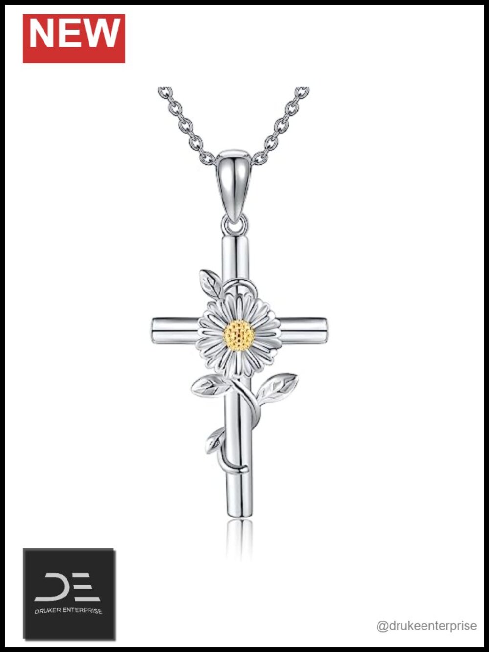 925 Sterling Silver Daisy Cross Pendant Necklace Women 18in Chain Birth Flower